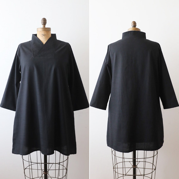⁂ラスト５　夏ＳＡＬＥ　上質ギマ擬麻コットン　和装　重ね襟　Vネック シャツ チュニック ゆったり ブラック R43C 10枚目の画像