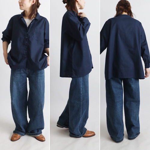 夏ＳＡＬＥ　上質ギマ擬麻コットン　変形ラウンドヘム 裾 シャツ ジャケット 前開き 胸ポケット ゆったり　ネイビー 紺 R47B 夏SALE 上質ギマ擬麻コットン 変形ラウンドヘム 裾 シャツ
