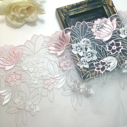 1m ピンク＆ホワイト 花柄 刺繡 チュールレース はぎれ ハンドメイド