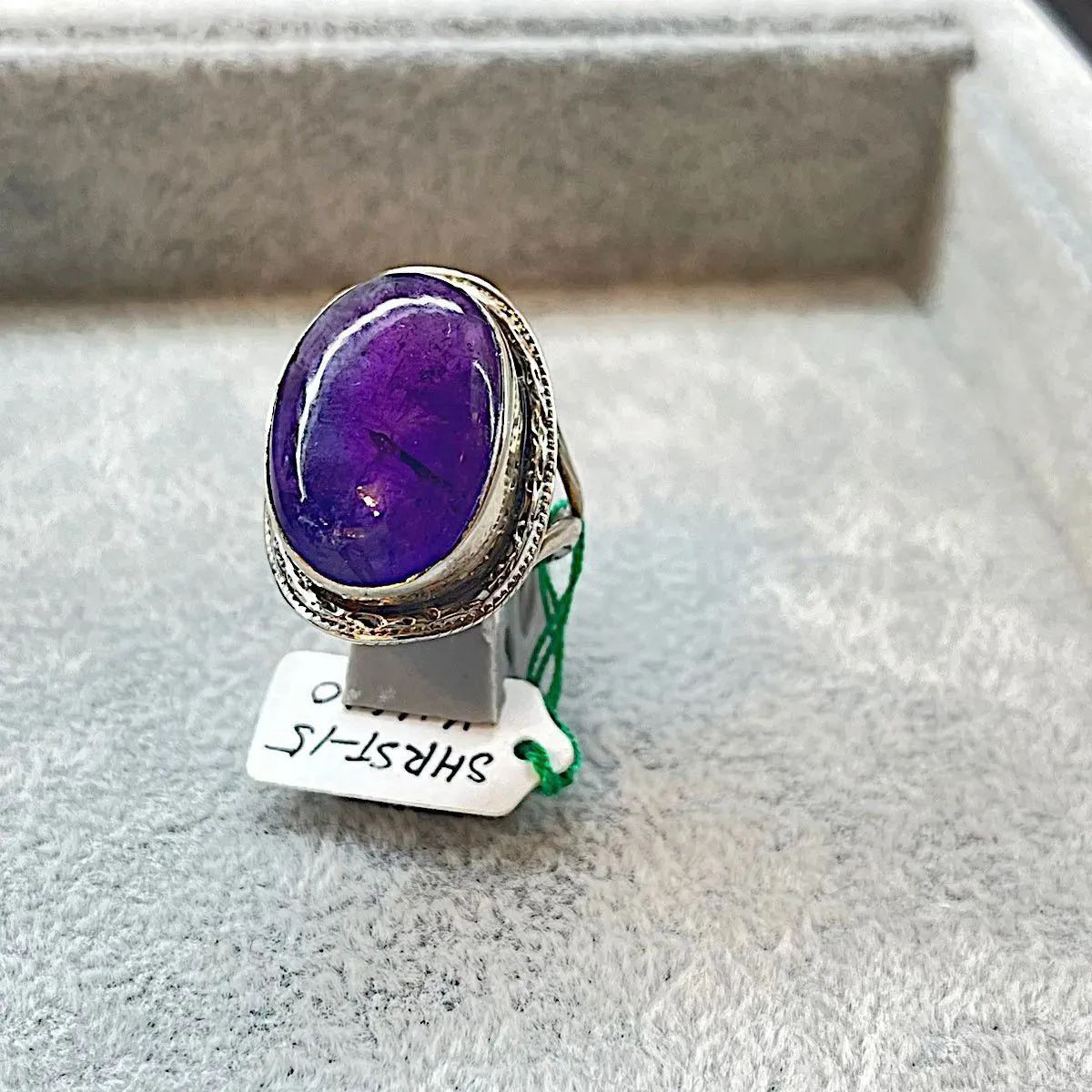 アメジスト シルバーリング デザインリング 16号 925刻印 パープル  オーバルカット ハンドメイド 一点もの