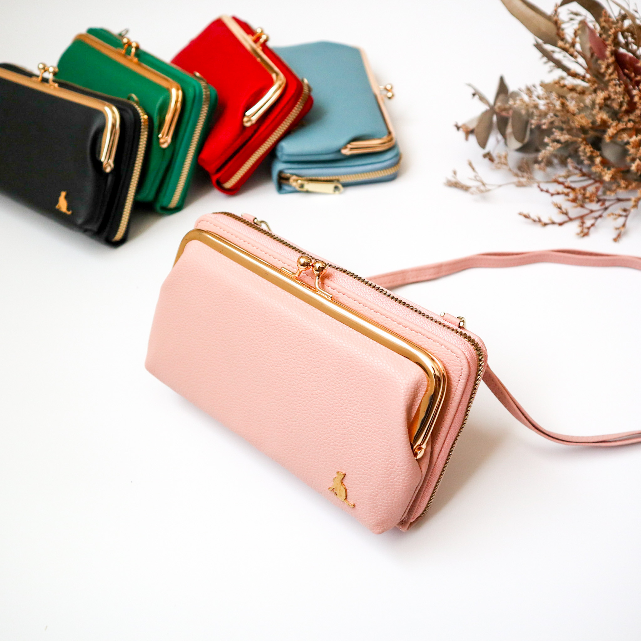 スマホショルダー お財布ショルダー がま口 スマホポーチ 猫 ピンク　スマホショルダーバッグ