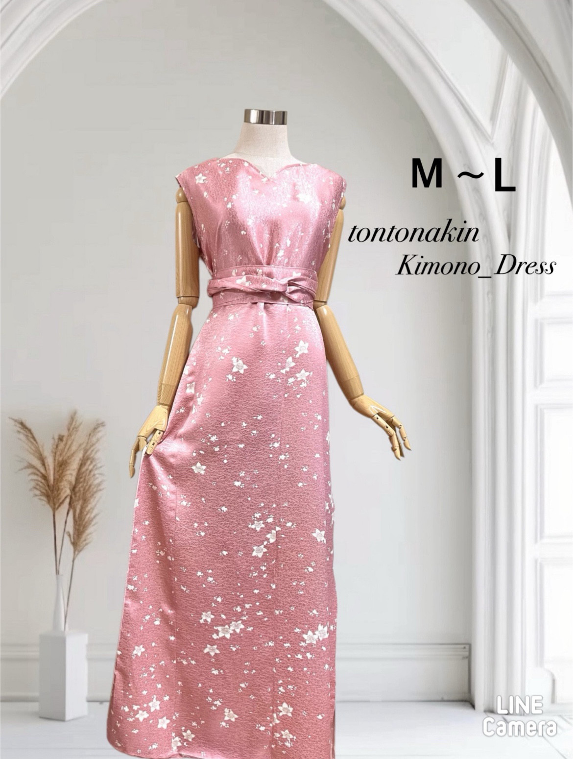送料無料 着物 リメイク 春ドレス 桜 シルク ロングドレス ハートシェイプドネック 正絹 M〜L ハンドメイド