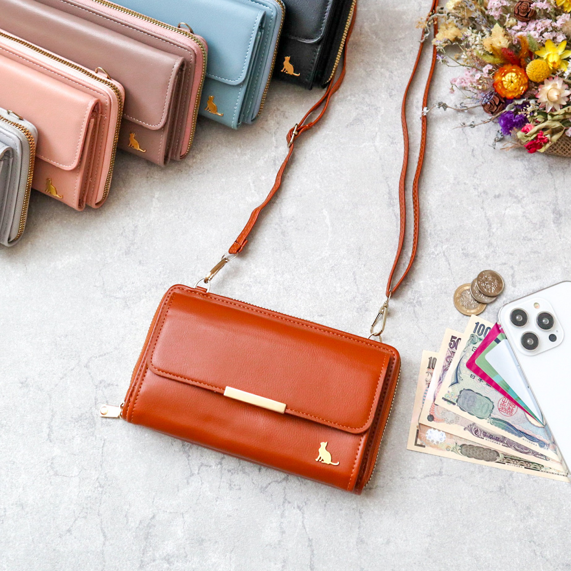 スマホショルダー スマホポーチ お財布ショルダー スマホポシェット 猫 ライトブラウン