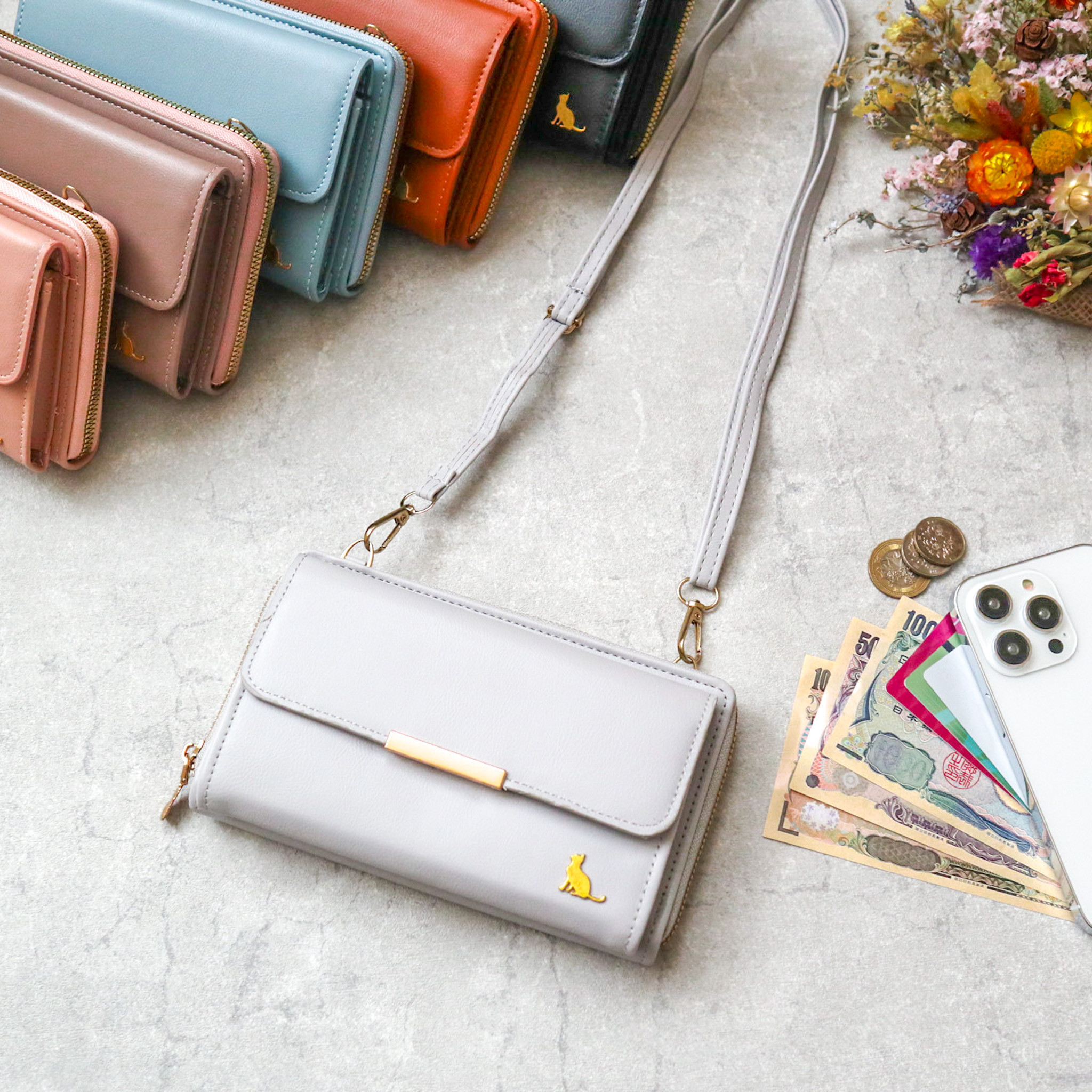 スマホショルダー スマホポーチ お財布ショルダー スマホポシェット 猫 グレー スマホショルダーバッグ