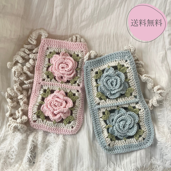 【送料無料】水色のバラモチーフのスマホポーチ スマホショルダー 1枚目の画像