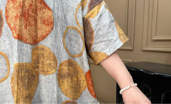 綿麻スタンドカラーワンピース .  ゆったりワンピース . サイズの大きいワンピース .プリントのロングスカート 6枚目の画像