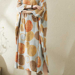 綿麻スタンドカラーワンピース .  ゆったりワンピース . サイズの大きいワンピース .プリントのロングスカート 3枚目の画像