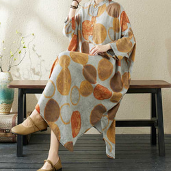 綿麻スタンドカラーワンピース .  ゆったりワンピース . サイズの大きいワンピース .プリントのロングスカート 1枚目の画像