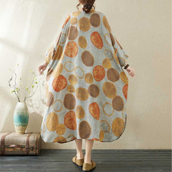 綿麻スタンドカラーワンピース .  ゆったりワンピース . サイズの大きいワンピース .プリントのロングスカート 4枚目の画像