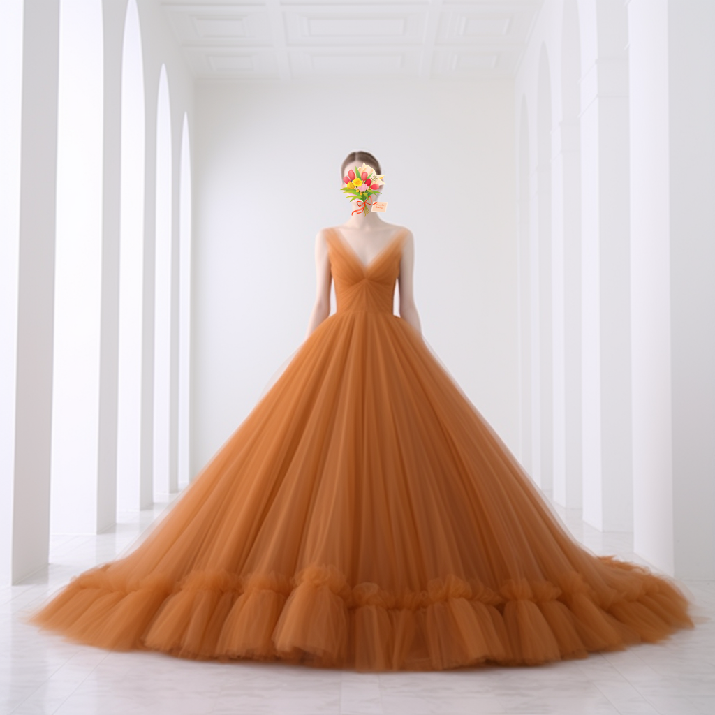 テラコッタカラードレス  Vネック　50ｃｍトレーン　素チュール　結婚式　前撮り　二次会　結婚式 披露宴