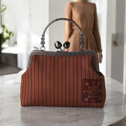 アンティークストライプ帯リメイクがま口バック/黒薔薇つまみ