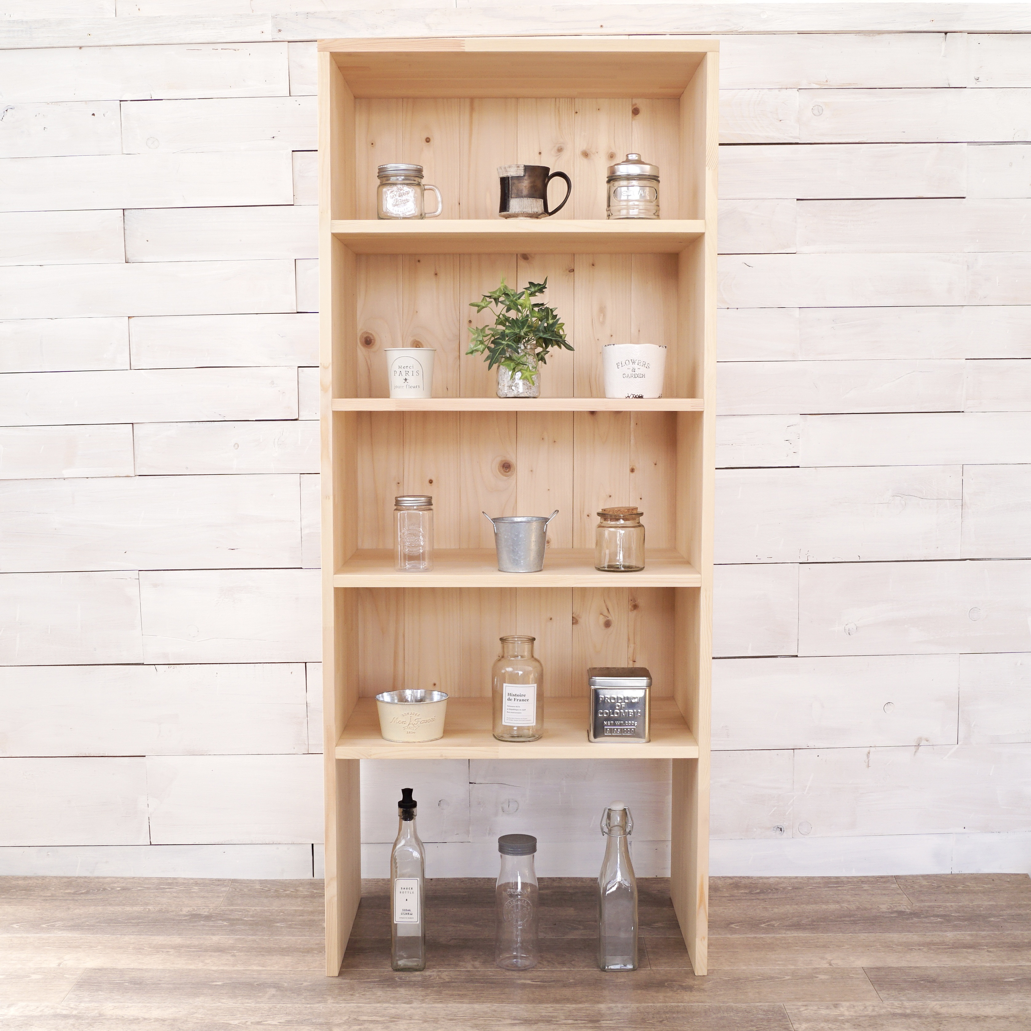 ④シェルフ 背板付き ５段 【受注】ナチュラル 他24色 縦144 横60 奥41 棚 北欧 パイン 木 本 食器
