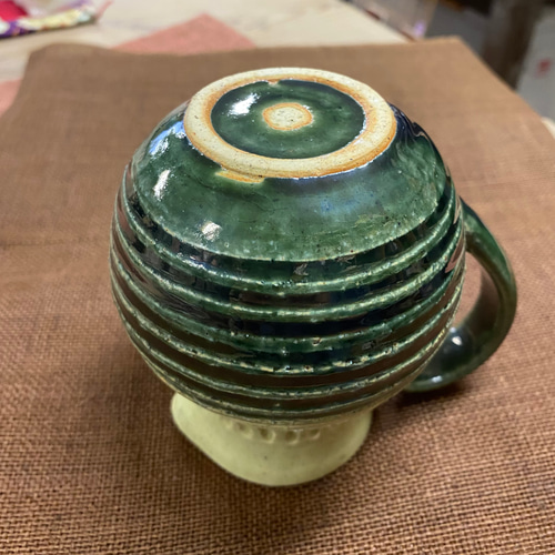 陶器製ピッチャー 緑色とベージュ 水差し 新品 作家作品 Pitcher