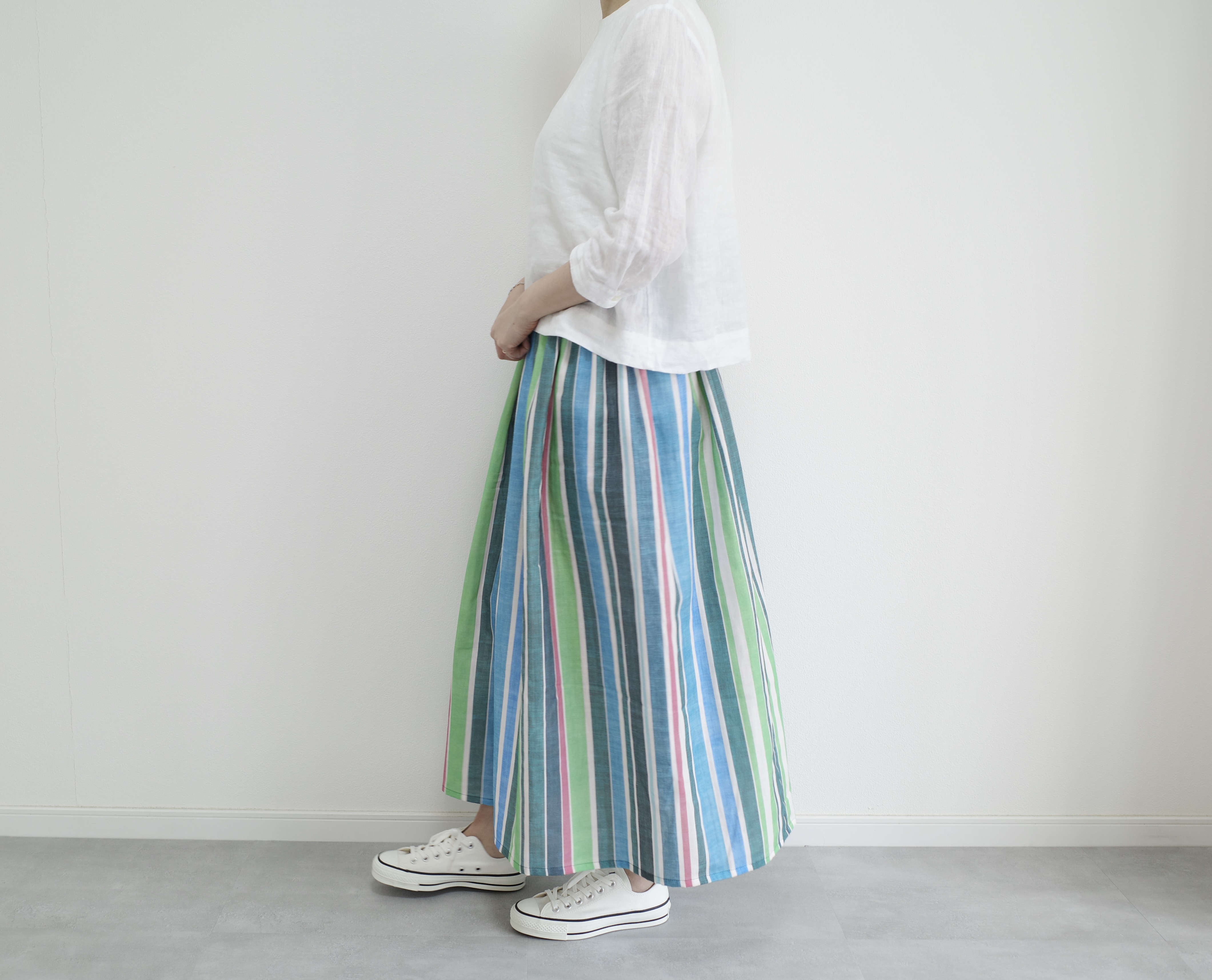 夏の人気商品♪デザイナーズダブルガーゼのストライプスカート　ブルーグリーン