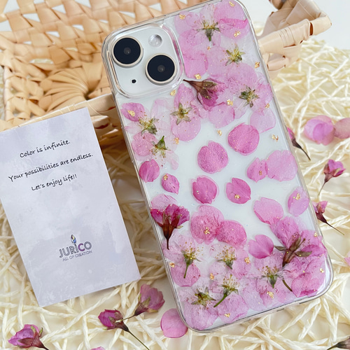 桜吹雪をイメージした桜の押し花スマホケース 全機種対応/iphone