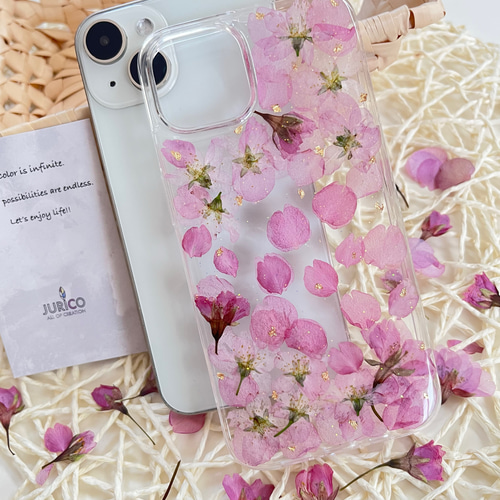 桜吹雪をイメージした桜の押し花スマホケース 全機種対応/iphone