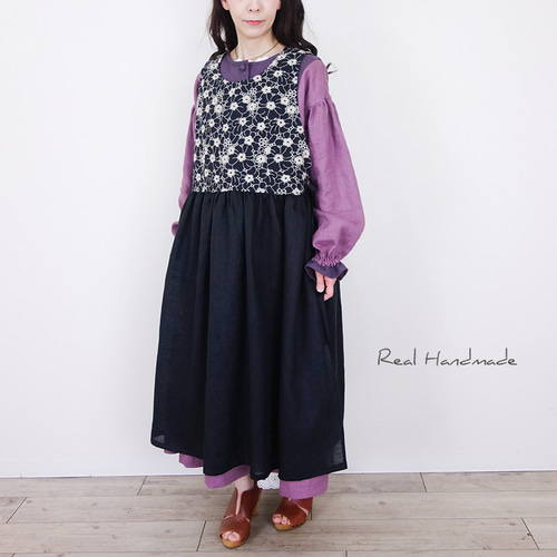 予約販売] ブラックフラワーレースとリネンサイド脇開きタブリエ
