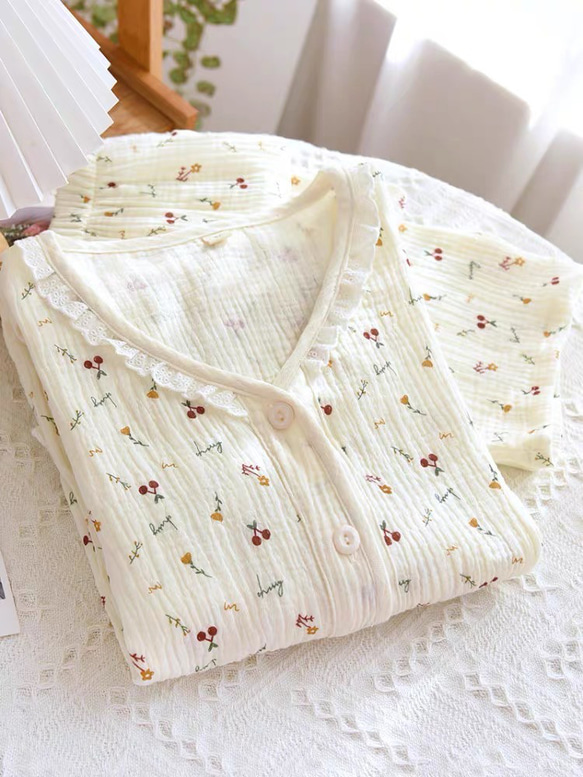 パジャマ 半袖 レディース 上下セット春夏秋ダブルガーゼ 長パンツ春夏秋寝巻き 2枚目の画像