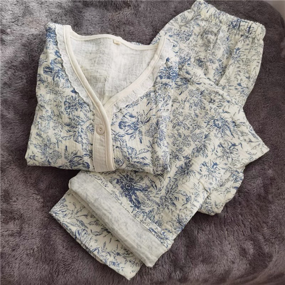 パジャマ 半袖 レディース 上下セット春夏秋ダブルガーゼ 長パンツ春夏秋寝巻き 1枚目の画像