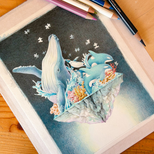 青色の」 海のイラスト原画/2Lサイズ原画一点もの フレーム付き