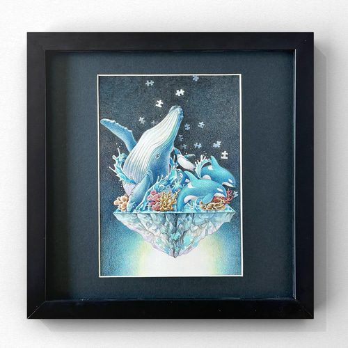 青色の」 海のイラスト原画/2Lサイズ原画一点もの フレーム付き