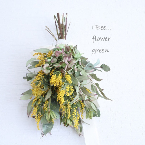 ミモザと紫陽花の縦長スワッグ☆ドライフラワースワッグ