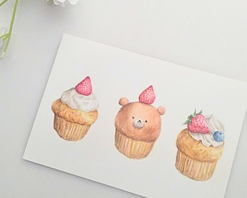 色鉛筆画コップの絵(原画) 色鉛筆画 原画 1点物 カップケーキ イラスト ハガキサイズ