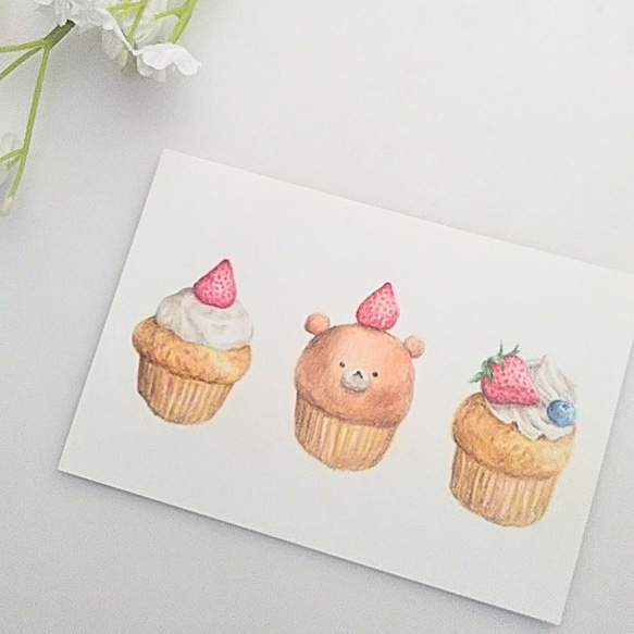 『4年保証』 原画 色鉛筆画 1点物 ハガキサイズ イラスト カップケーキ 絵画