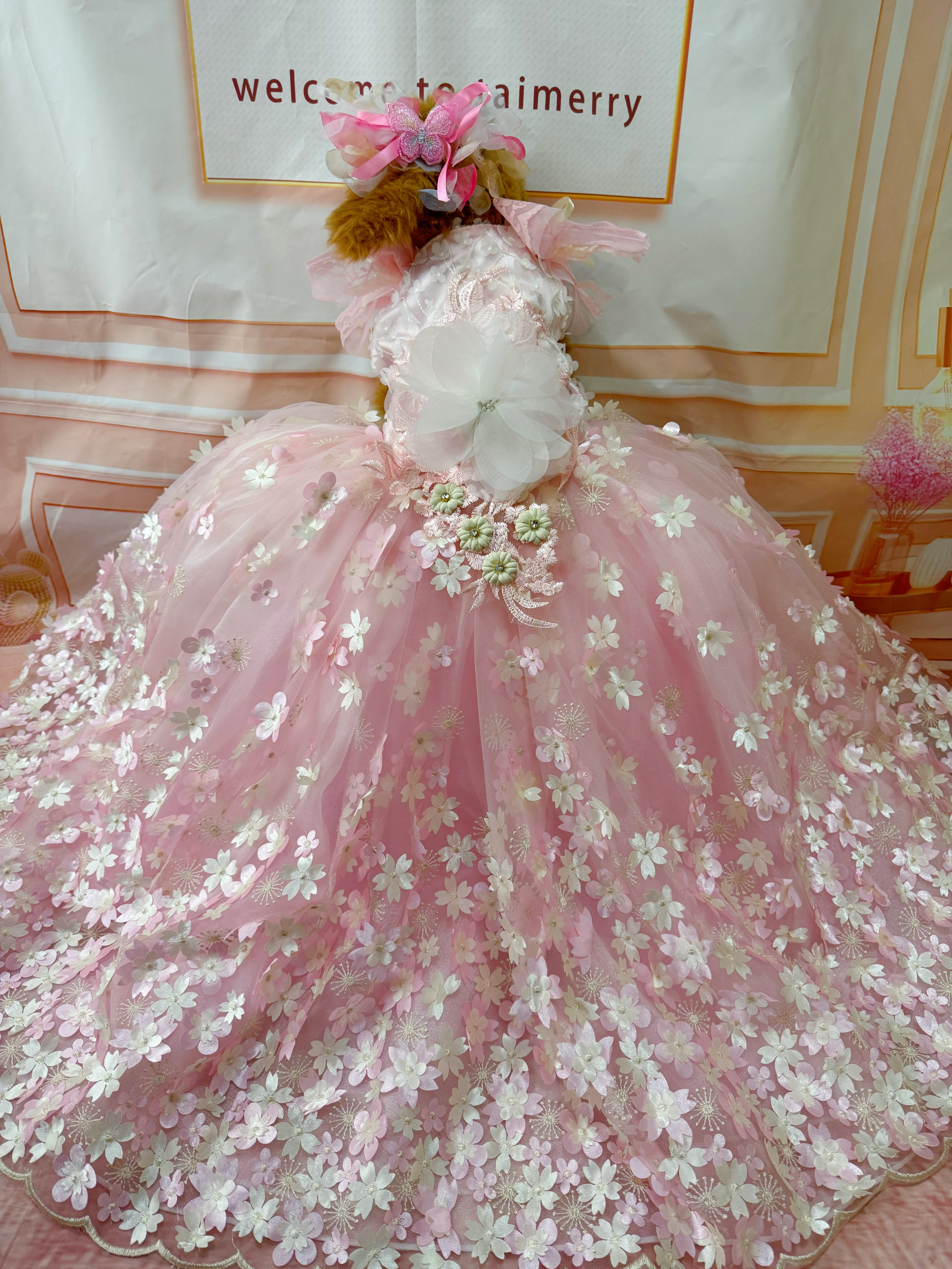 犬猫うさちゃん服 【即納OK】　　　　　　　　　　　　　　　　　　　　　　　桜咲舞う、ピンク色ロング丈ドレス