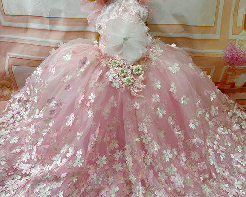 犬猫うさちゃん服 【即納OK】 桜咲舞う、ピンク色ロング丈ドレス