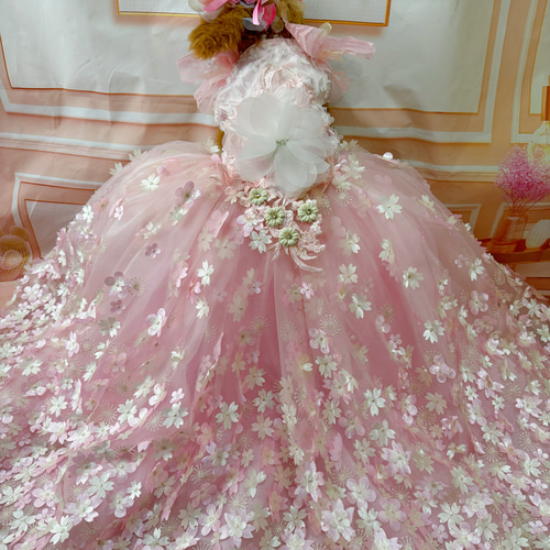 犬猫うさちゃん服 【即納OK】 桜咲舞う、ピンク色ロング丈ドレス