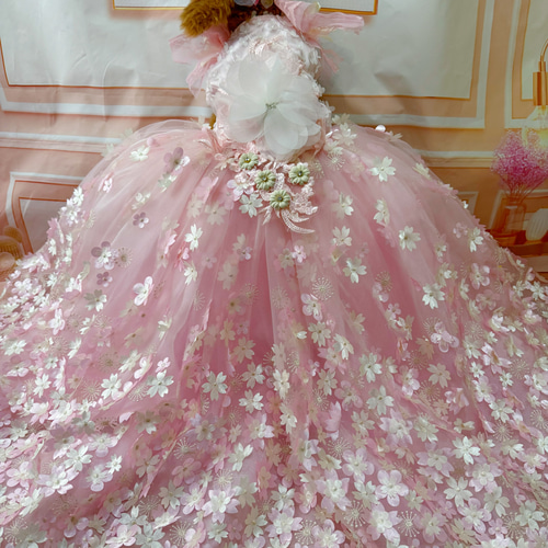 犬猫うさちゃん服 【即納OK】 桜咲舞う、ピンク色ロング丈ドレス