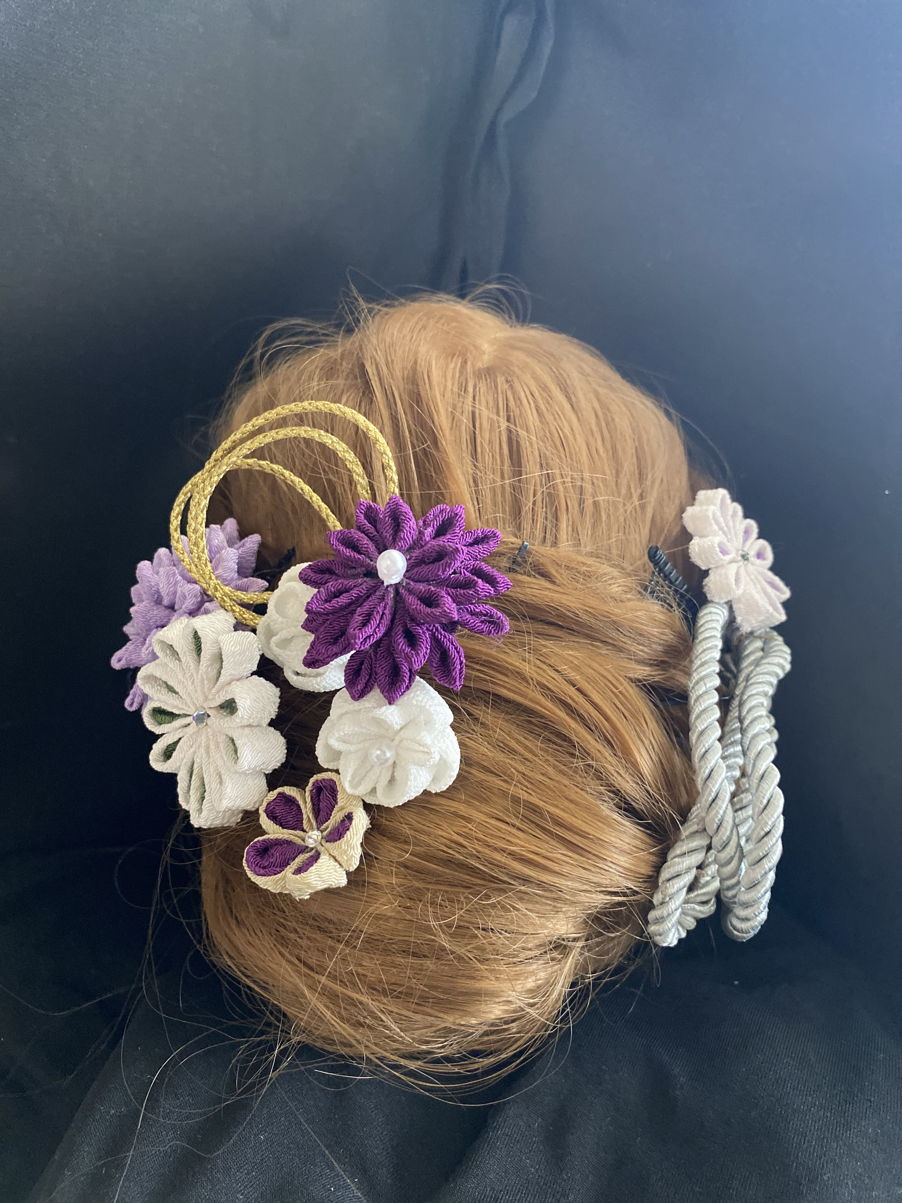 つまみ細工髪飾り　成人式　卒業式　七五三　着物　くすみカラー　流行　　タッセル　クリスタル