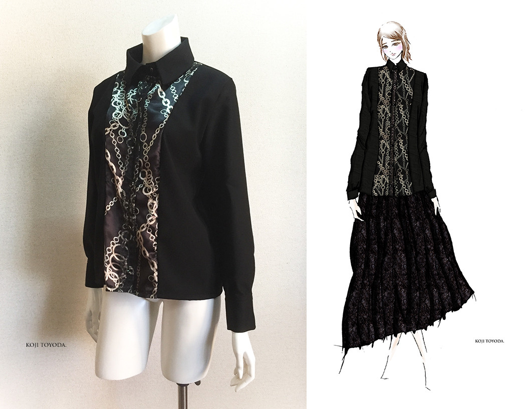 【1点もの・デザイン画付き】尾州ウール生地＆金チェーン柄切り替えブラウス（KOJI TOYODA）