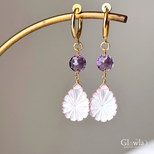 14kgfマザーオブパール・水晶カービングピアス/イヤリング