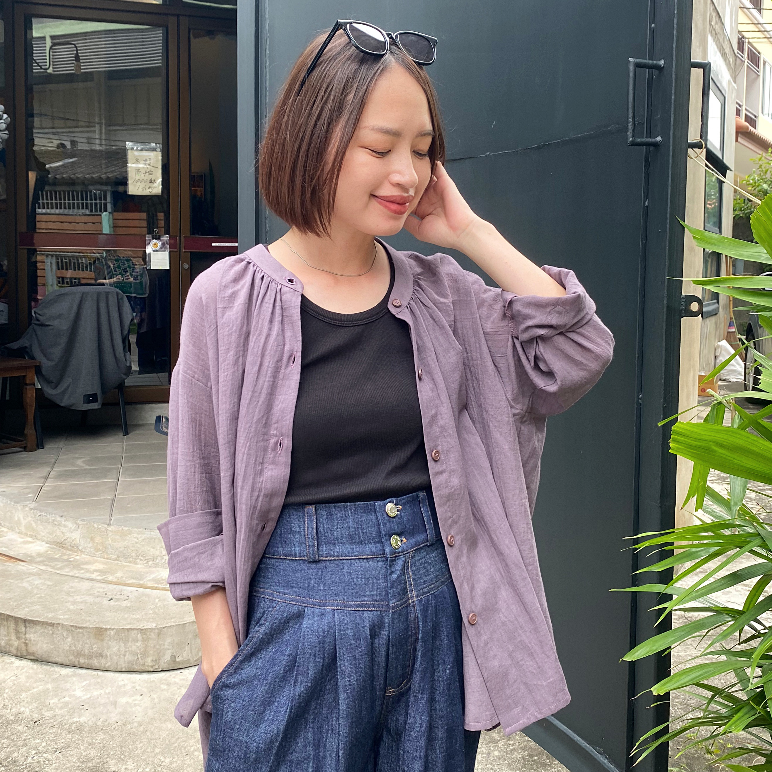 風通しの良い ふんわり柔らかライトコットン✨ 羽織る コットン シャツ　レトロパープル　0674R.Pp