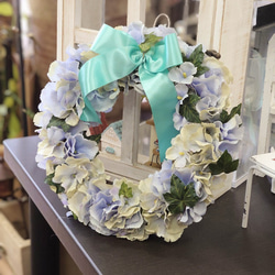 ブルーグリーン彩　紫陽花リース 2枚目の画像