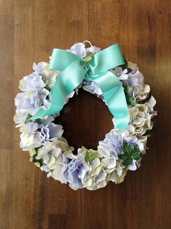 ブルーグリーン彩　紫陽花リース 1枚目の画像
