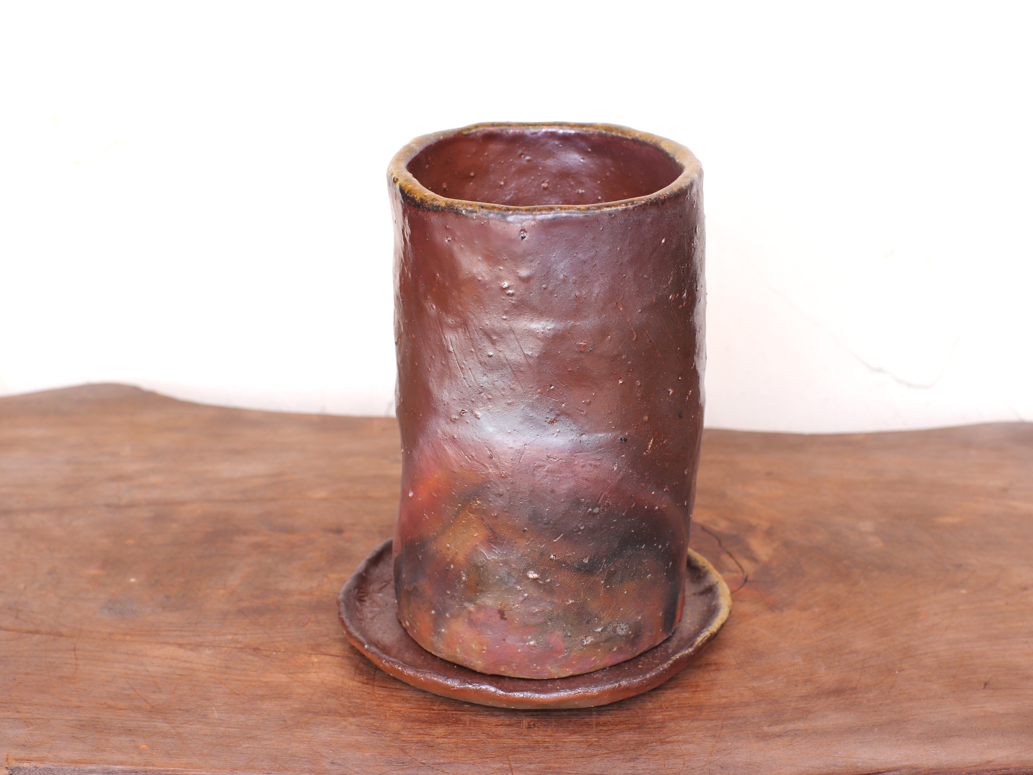 備前焼 植木鉢・サンギリ【受皿付き】 u-080