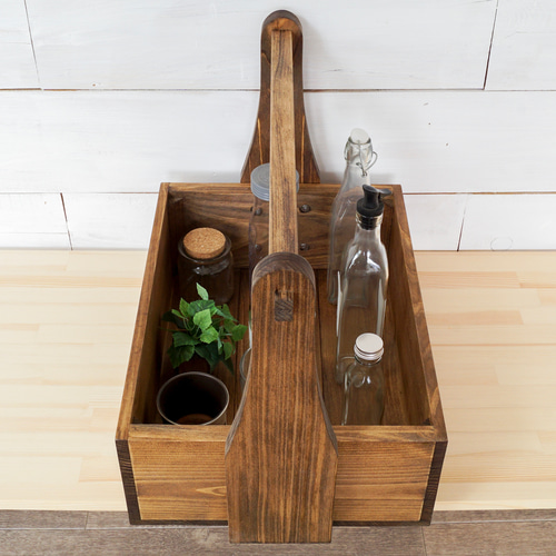 ④おかもち木箱 大型【受注】茶 他2色 取っ手取り外し可能 バスケット