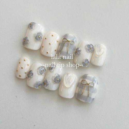 ネイルチップ ぷっくりフラワーネイル チェックネイル ネイルチップ