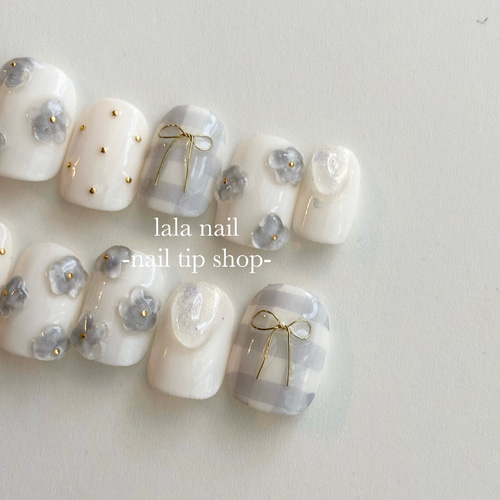 ネイルチップ ぷっくりフラワーネイル チェックネイル ネイルチップ