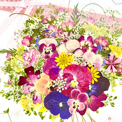 ギフトにも最適！可愛いピンクの花束押し花アート額 その他インテリア