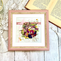 ギフトにも最適！可愛いピンクの花束押し花アート額 その他インテリア