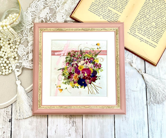 押し花アート〜遥かなる草原〜 押し花額 風景画 絵画 アート インテリア雑貨 ギフトにも最適！可愛いピンクの花束押し花アート額 その他インテリア