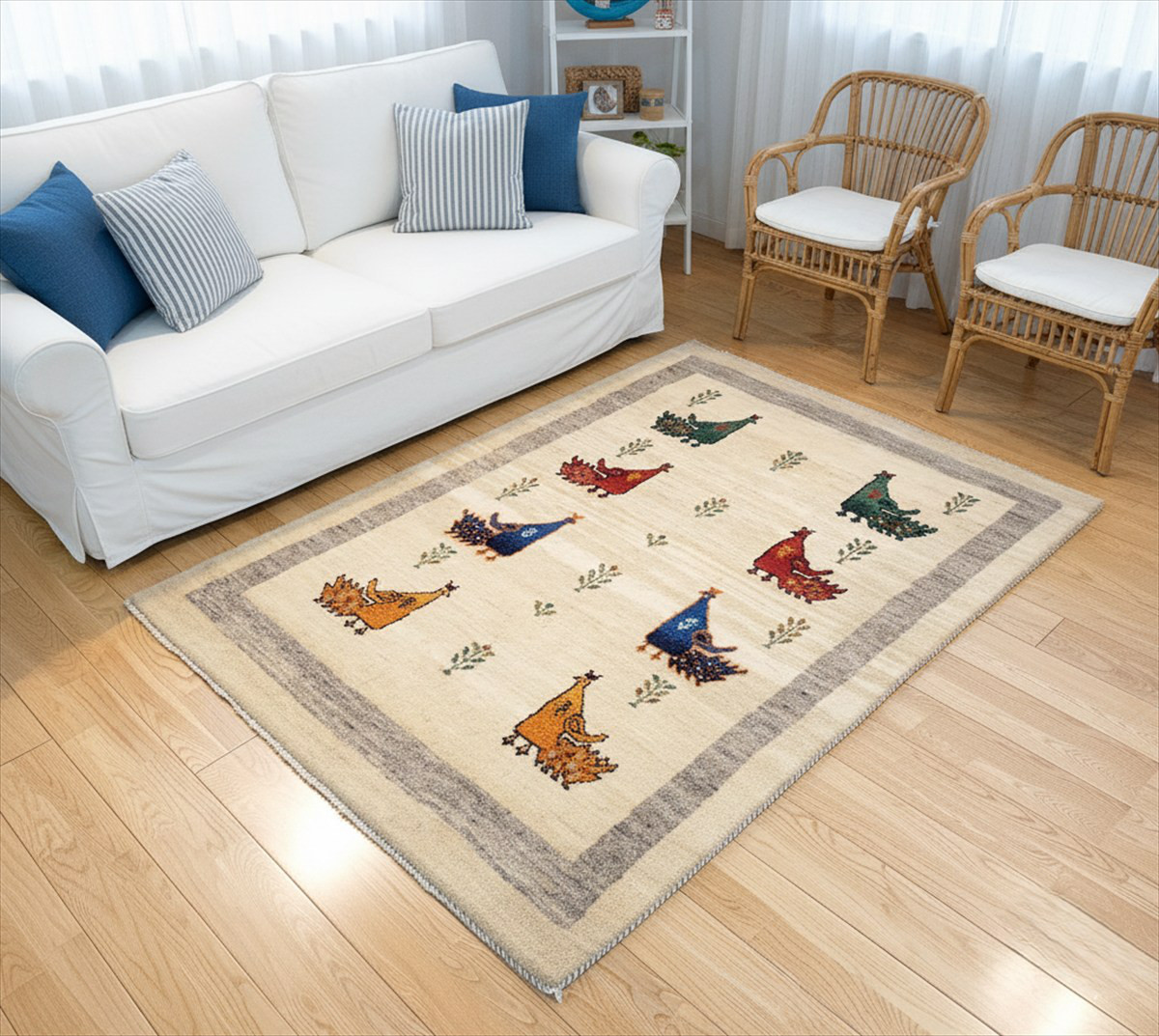 Creema限定目玉品】ペルシャ  ギャッベ　リビング　ラグ　174x120㎝　色彩が美しい孔雀　RJ13051