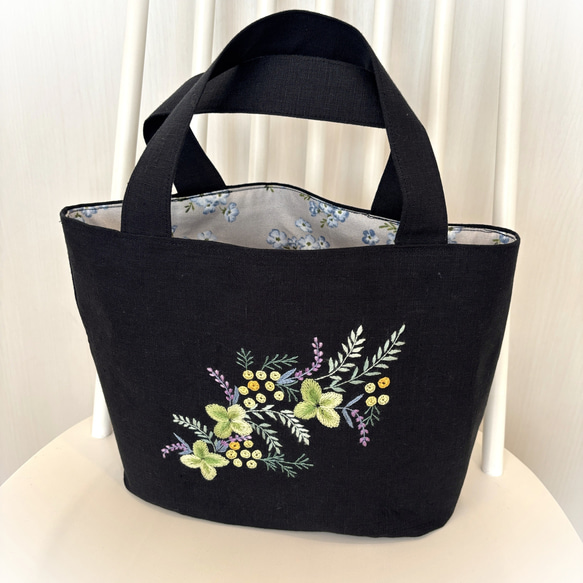 手刺繍】トートバック フランス刺繍 4種のハーブ ミニトート 麻