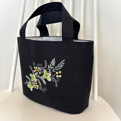 手刺繍】トートバック フランス刺繍 4種のハーブ ミニトート 麻