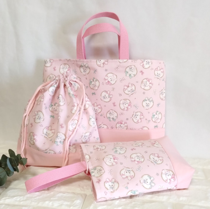 《送料無料》通園・通学3点セット・リボンうさぎ・ピンク・レッスンバッグ&上履き入れ&体操着袋　＃n1418