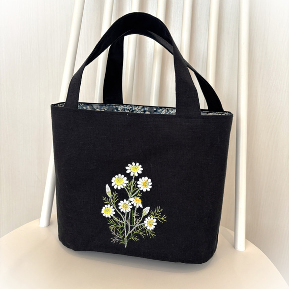 フランス　手刺繍　ハンドメイド　バック　美品 手刺繍】トートバック フランス刺繍 カモミール ミニトート 麻 トート